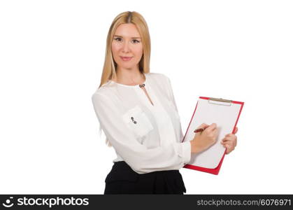 Woman with paper binder isolated on the white