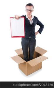 Woman with paper pad out of box