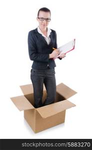 Woman with paper pad out of box