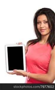 Woman with pc tablet with blank empty screen.. Mixed race african woman girl with computer tablet blank empty screen. Technology advertisement.