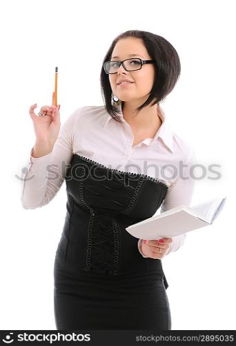 woman with pencil and book isolated over white