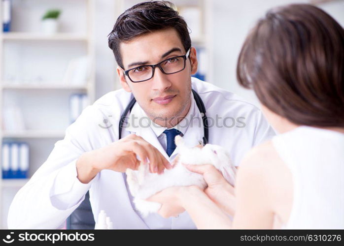 Woman with pet rabbit visiting vet doctor