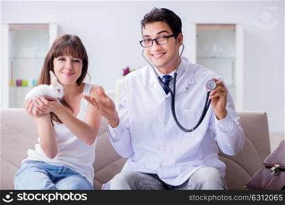 Woman with pet rabbit visiting vet doctor. The woman with pet rabbit visiting vet doctor