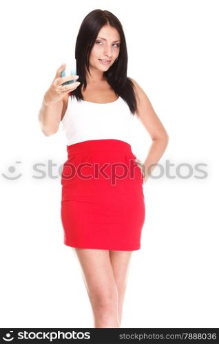 woman with phone isolated Young happy attractive female in red dress takes photos using her mobile phone isolated