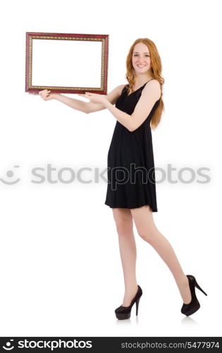 Woman with picture frame isolated on white