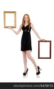 Woman with picture frame isolated on white