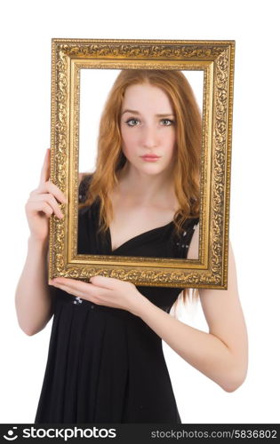 Woman with picture frame isolated on white