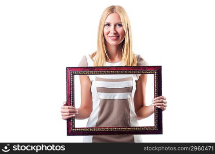 Woman with picture frame on white