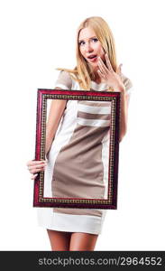 Woman with picture frame on white