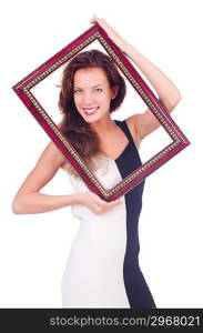 Woman with picture frame on white