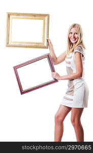 Woman with picture frame on white