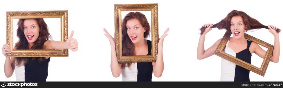 Woman with picture frame on white