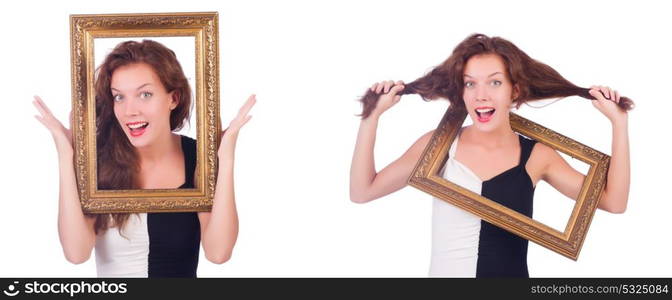 Woman with picture frame on white