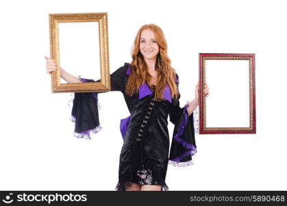 Woman with picture frame on white