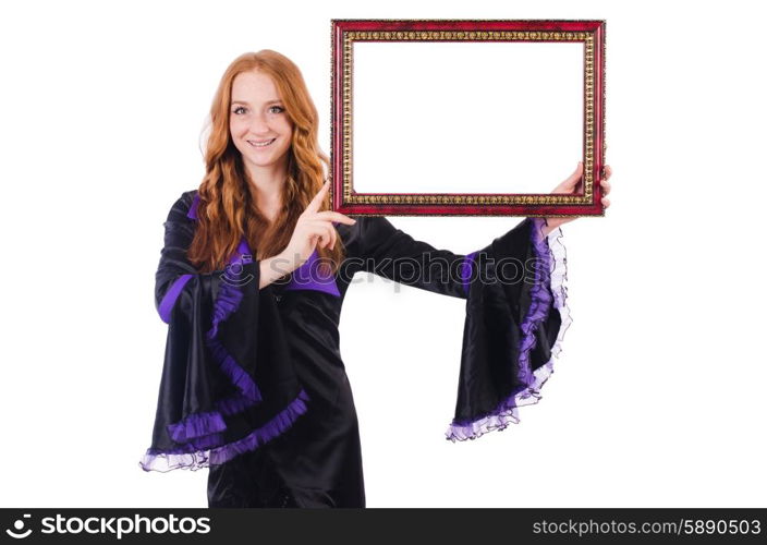 Woman with picture frame on white