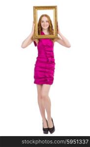 Woman with picture frame on white