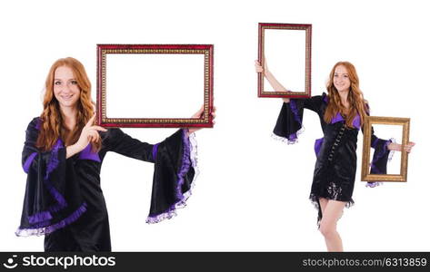 Woman with picture frame on white