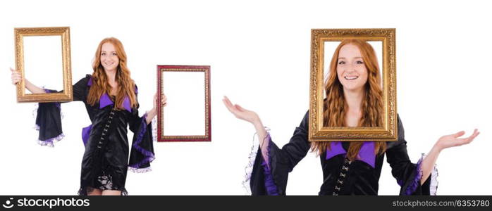 Woman with picture frame on white