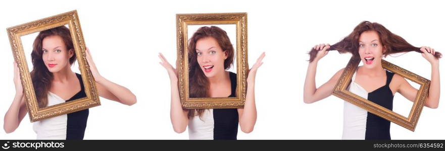 Woman with picture frame on white