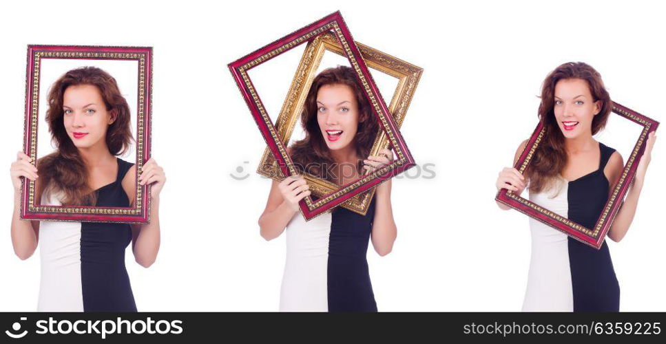 Woman with picture frame on white