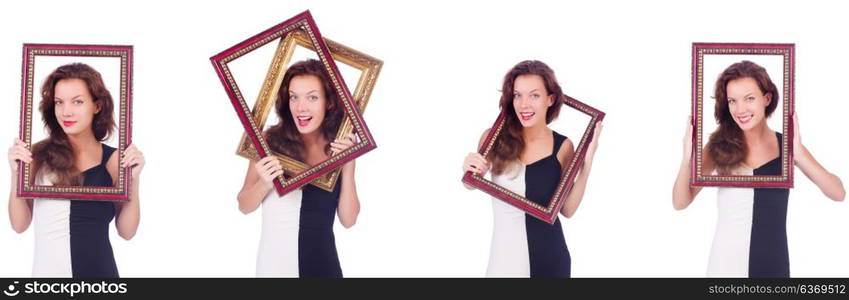 Woman with picture frame on white