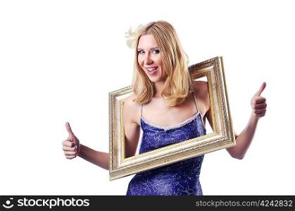 Woman with picture frames on white