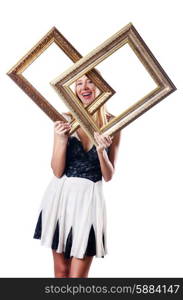 Woman with picture frames on white