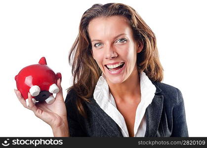 Woman with piggybank on white