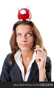 Woman with piggybank on white