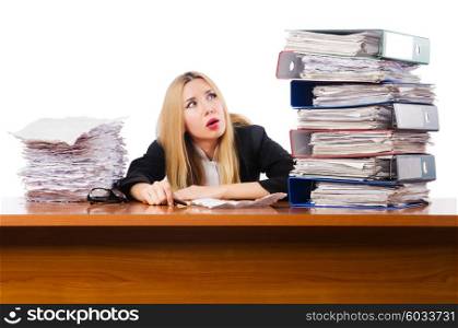 Woman with pile of papers