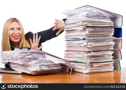 Woman with pile of papers