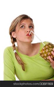 Woman with pineapple on white background