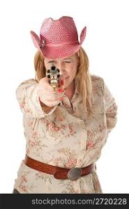 Woman with pink cowboy hat pointing a loaded pistol