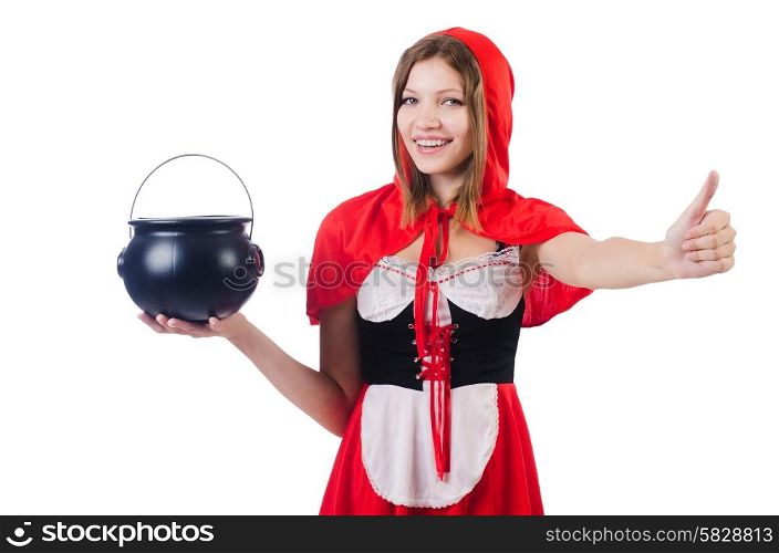 Woman with pot isolated on white