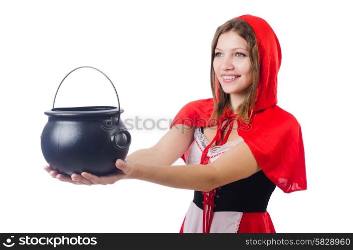 Woman with pot isolated on white