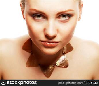 woman with predatory eyes on white background