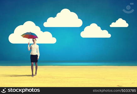 Woman with rainbow umbrella. Young pretty businesswoman with rainbow colorful umbrella