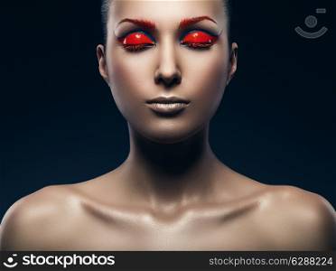 woman with red and blue eyeshadows