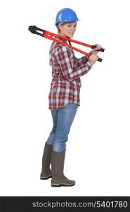 Woman with red bolt cutters