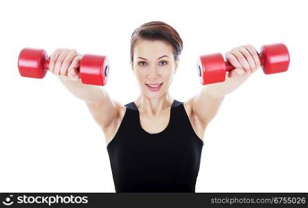 woman with red dumbbells in hands on white background