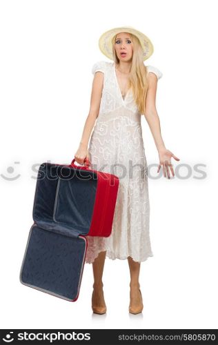 Woman with red suitcase isolated on white
