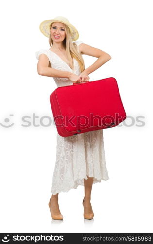 Woman with red suitcase isolated on white