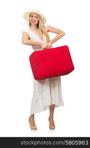 Woman with red suitcase isolated on white