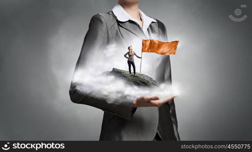 Woman with red waving flag. Student girl in casual with red flag in hands