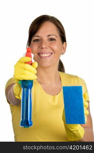 woman with rubber gloves and cleaning products. have fun with spring cleaning.