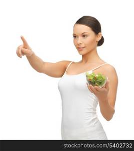 woman with salad pointing her finger at something