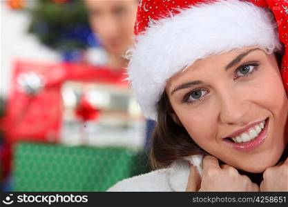 Woman with Santa hat