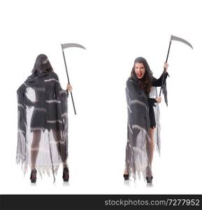 Woman with scythe isolated on white