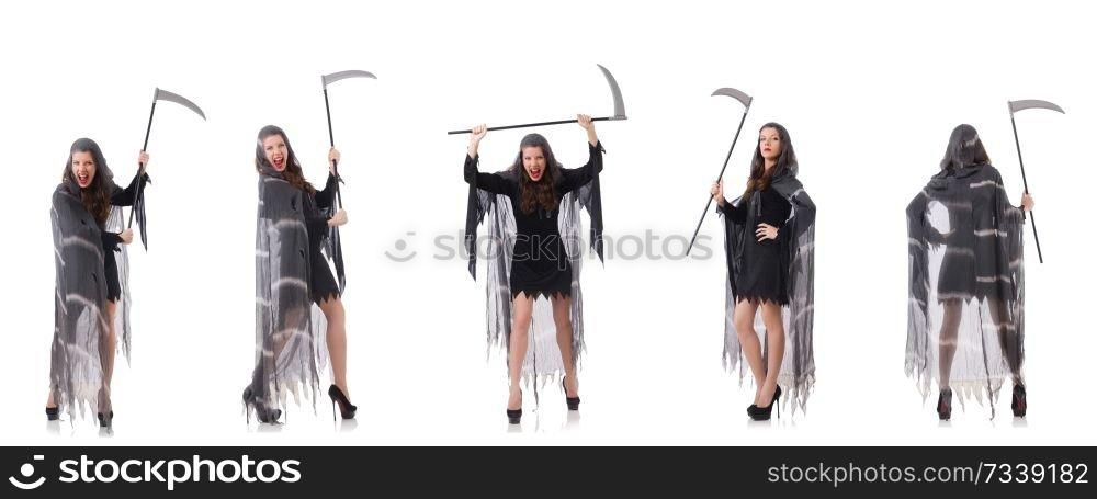 Woman with scythe isolated on white