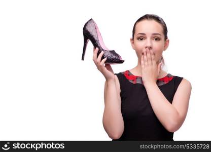 Woman with shoe isolated on white